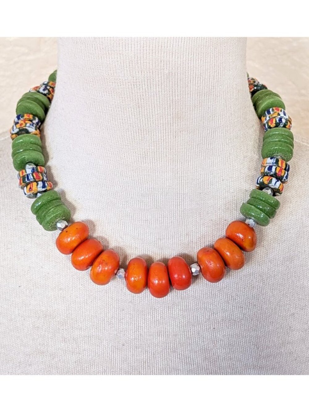 Lime green & Orange Recycled Krobo Glass & Chunky Statement Necklace